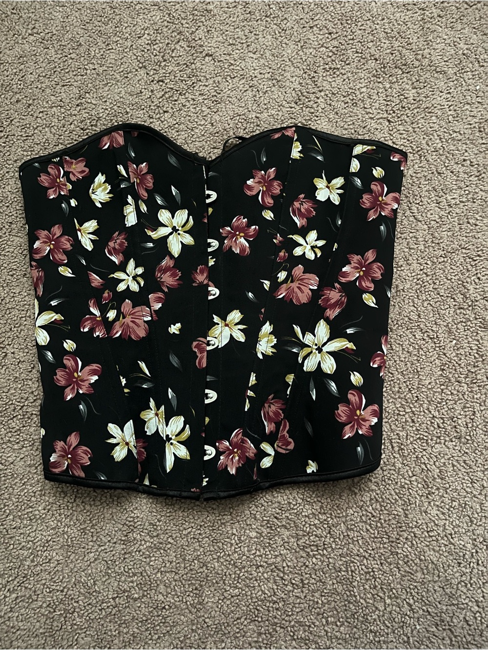 #324 Black Floral Strapless Corset Top withw Burgundy & Cream Flowers